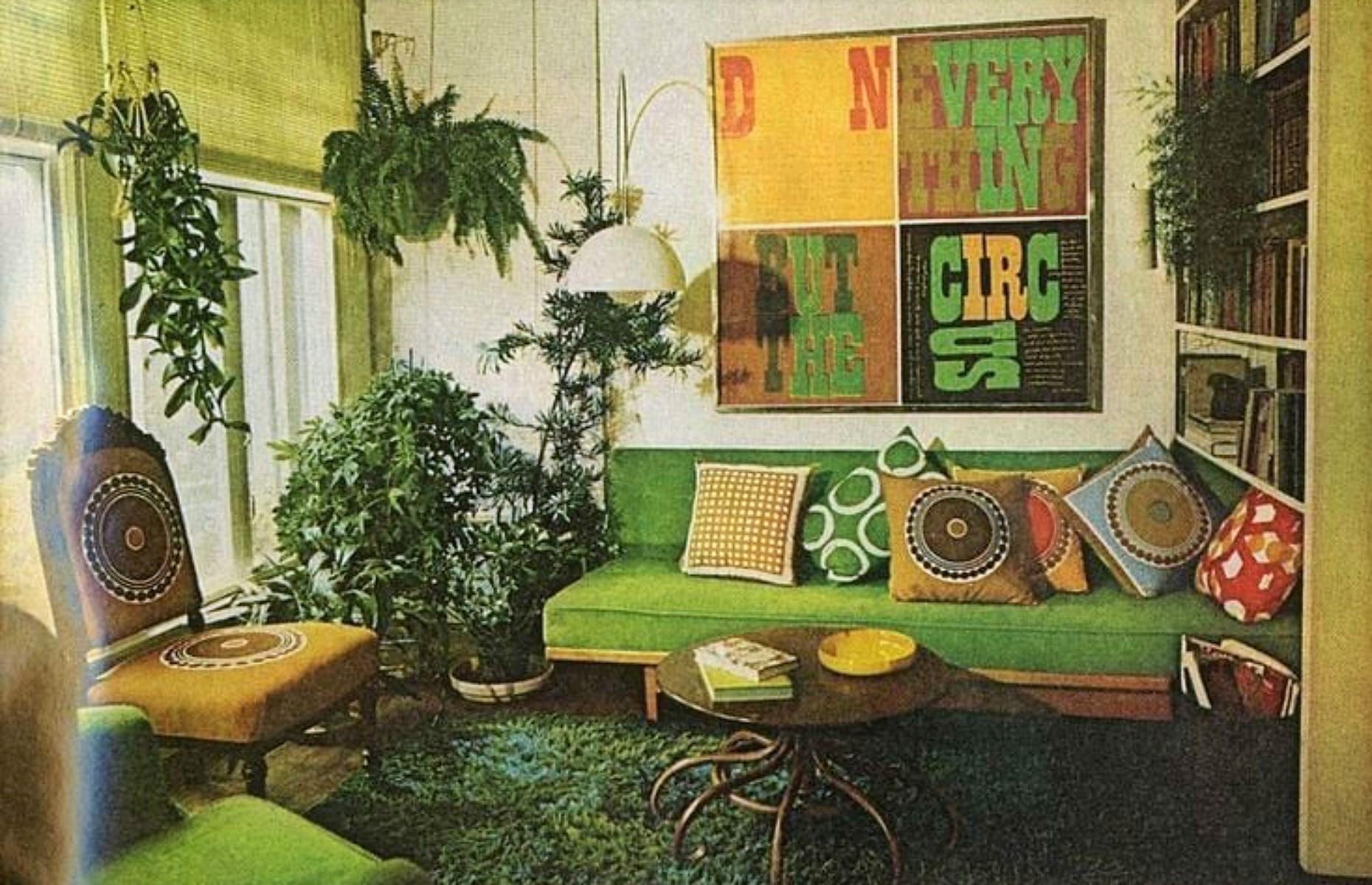 1970s green boho living room